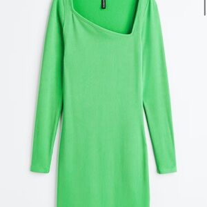 H&M Vibrant Green Long Asymmetrical Ribbed Sleeve Dress *nwt